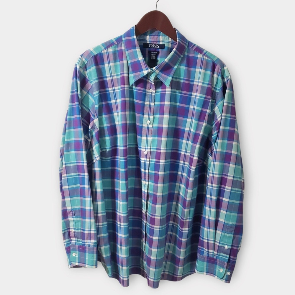 Chaps Womens 3X No Iron Button Down Shirt Long Sleeve Plaid Teal Purple Cotton